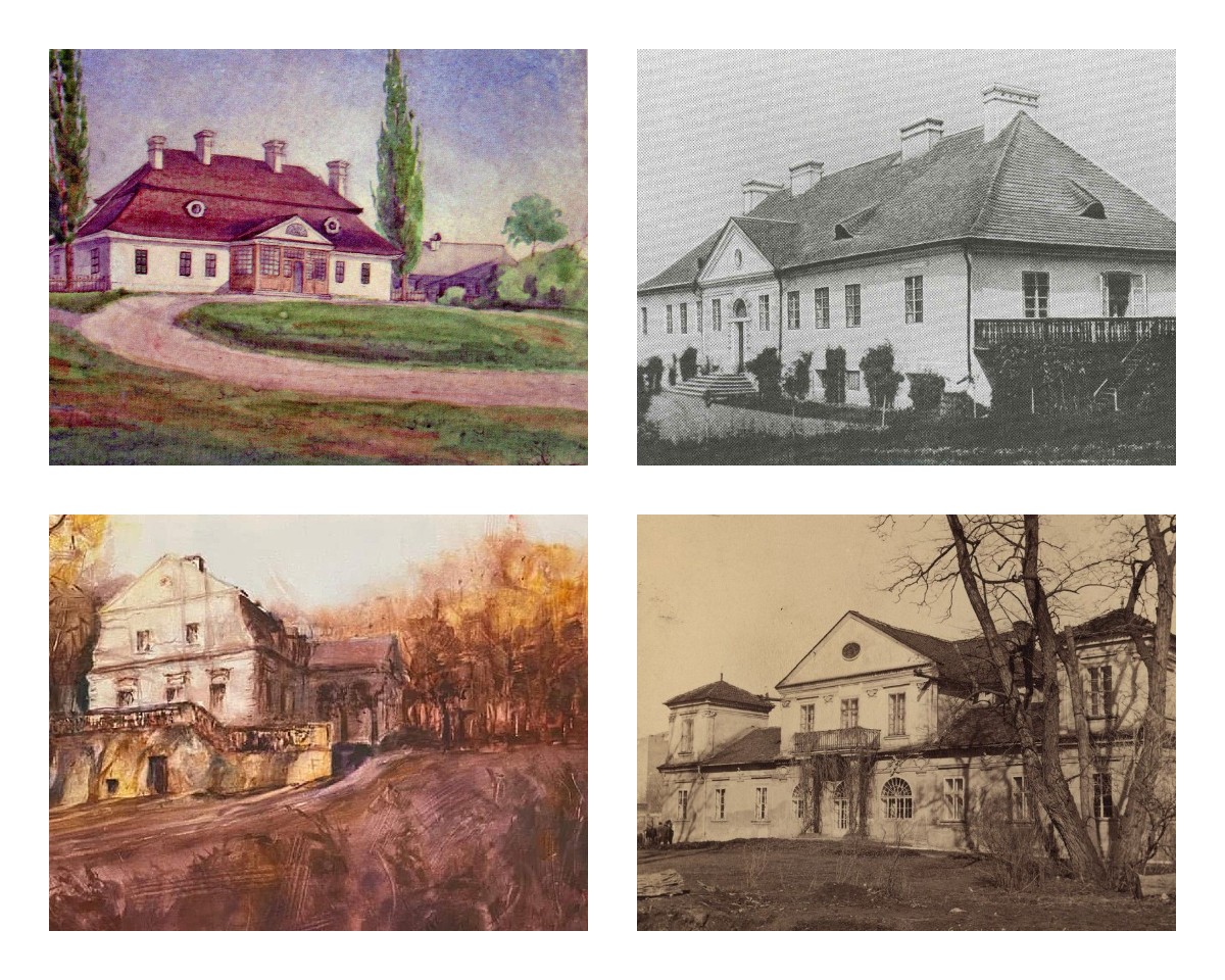 1.Dwor w Zaleszanach , pierwszy majątek Stanisława, akwarela Antoniny Konopczanki; 2.  Nieistniejący dwór Kraińskich w Hermanowicach, fot. archiw.; 3. Iwo Nowina Konopka - Dwór w Mogilanach  ; 4. Nieistniejący pałac Konopków (dawniej Wodzickich) pod Kapucynami w Krakowie, fot. archiw. 1893 / fot.  dzięki uprzejmości  Fundacji Rodziny Nowina Konopków 