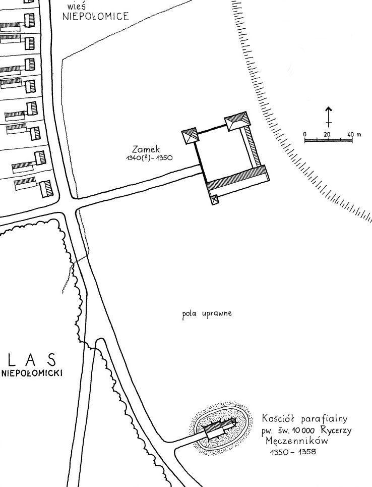 Niepołomice, plan z gotyckim zamkiem