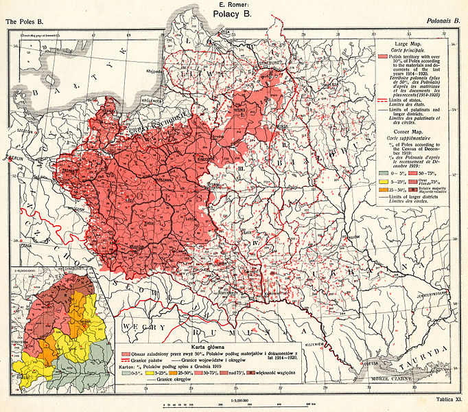 Mapa etnograficzna rozmieszczenia ludności polskiej autorstwa Eugeniusza Romera, wykorzystana przez delegację Polski na konferencji paryskiej (fot. Wikipedia)