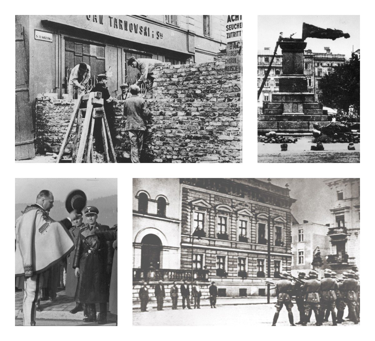 1. Budowa na rozkaz gubernatora Fischera murów getta w Warszawie, sierpień 1940/  wikipedia  2.Demontaż przez Niemców pomnika Adama Mickiewicza, Rynek Główny w Krakowie (17 sierpnia 1940) Zdjęcie z kolekcji zdjęć z Drugiej Wojny Światowej Dr. Marka Tuszyńskiego. Archiwum Akt Nowych / wikipedia 3. Wacław Krzeptowski wita gubernatora Hansa Franka po przybyciu do Zakopanego (12 listopada 1939)/NAC   4.  Rozstrzelanie Polaków po rozpoczęciu niemieckiej okupacji na Starym Rynku w Bydgoszczy, 9 września 1939 / wikipedia 