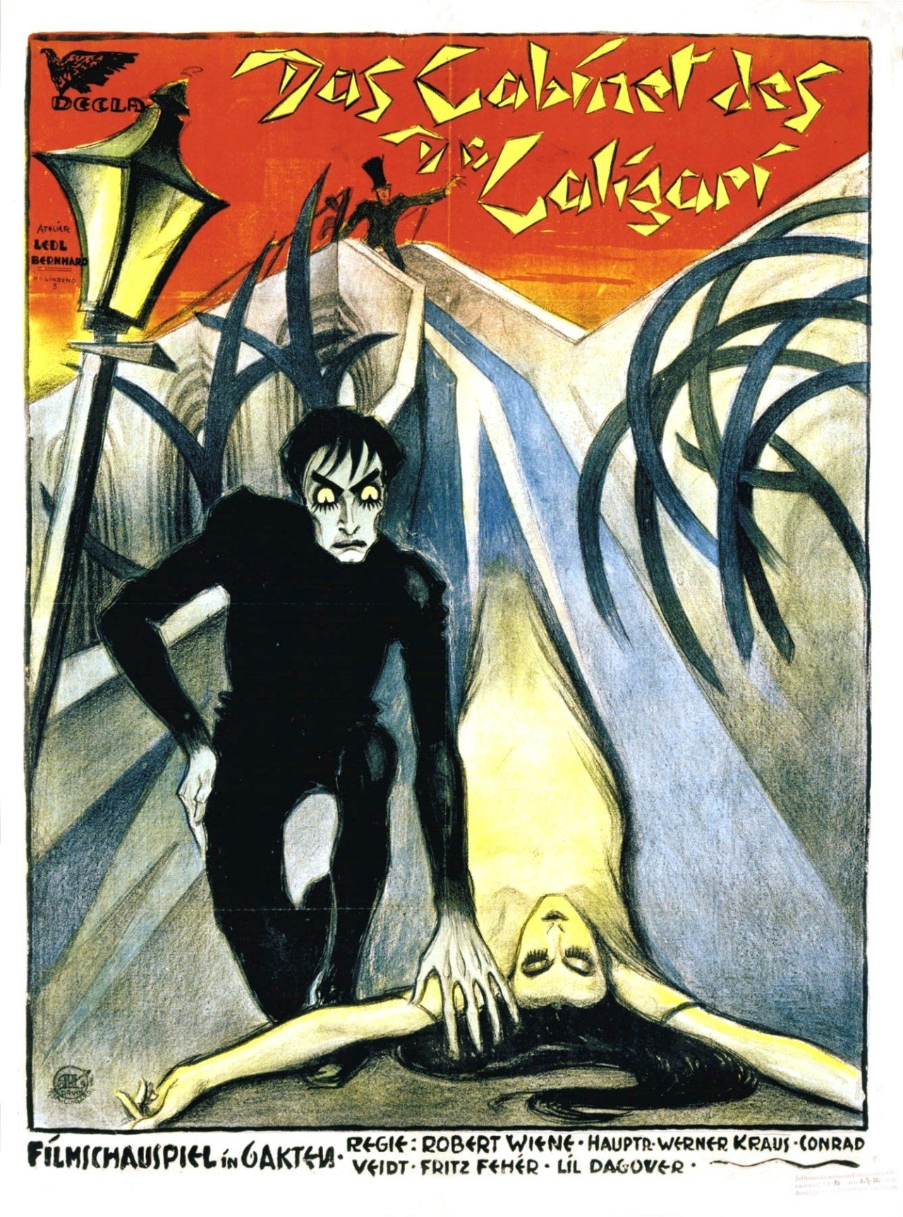 Plakat do filmu/Autorstwa Rudolf Ledl/ Fritz Bernhard - http://blackholereviews.blogspot.fr/2012/05/cabinet-of-dr-caligari-1920-fundamental.html, Domena publiczna, https://commons.wikimedia.org/w/index.php?curid=19571390