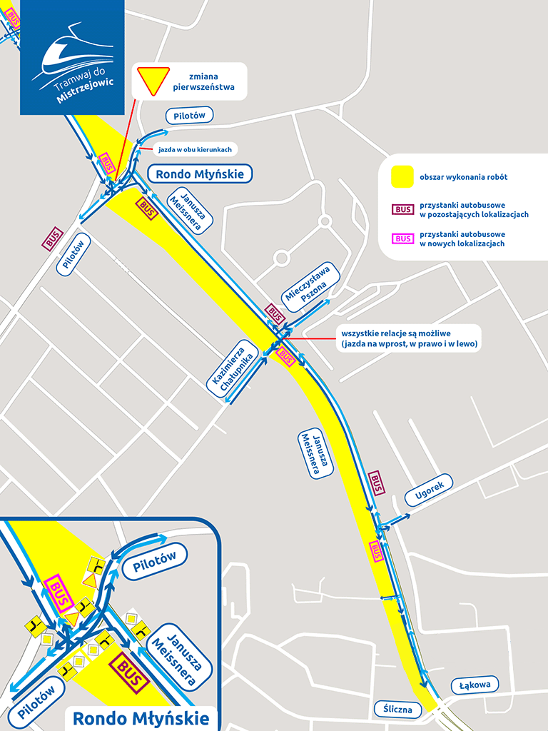 Organizacja ruchu. Grafika: https://www.tramwajdomistrzejowic.pl/uwaga-zmiana-organizacji-ruchu/