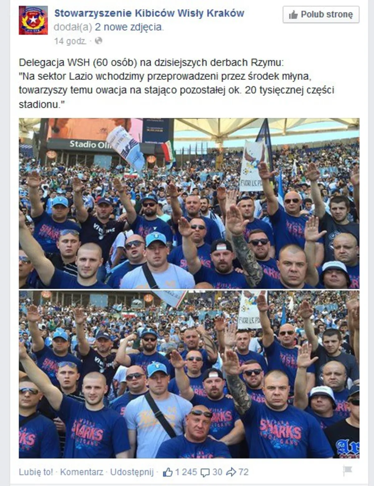 Hitlerowski gest na wiślackim fanpage'u. Nie zareagował klub, zareagował Facebook