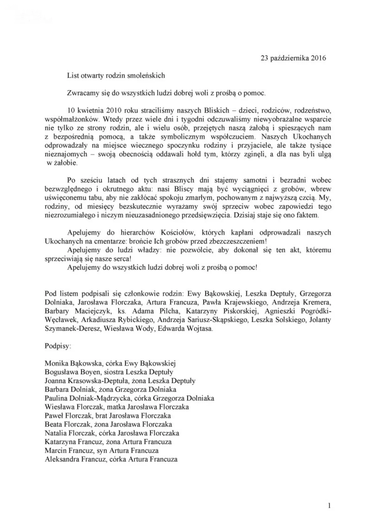 List otwarty części rodzin smoleńskich w sprawie powstrzymania ekshumacji ich bliskich