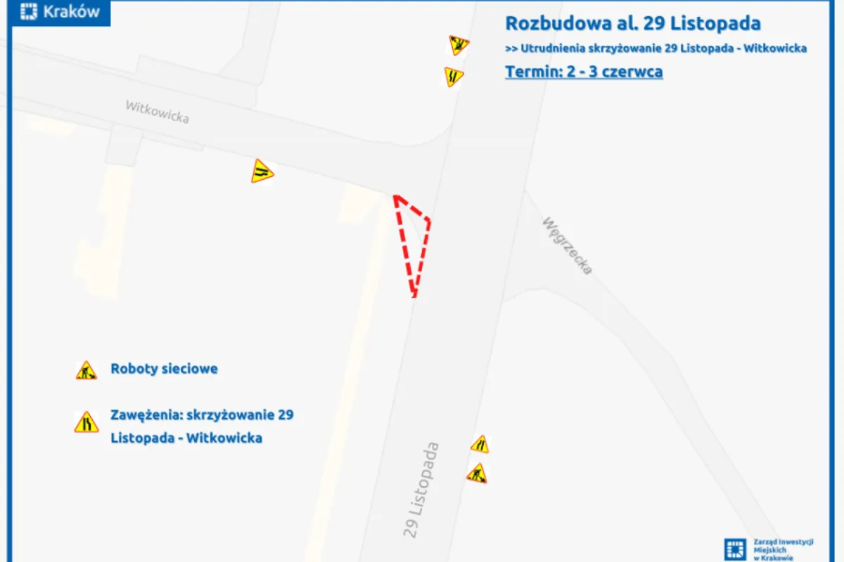 Rozbudowa al. 29 Listopada: dwudniowe utrudnienia przy wjeździe do Krakowa