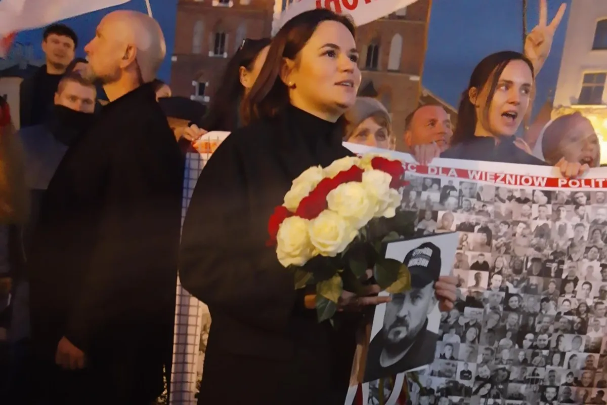 Liderka białoruskiej opozycji Swiatłana Cichanouska na spotkaniu z Białorusinami w Krakowie