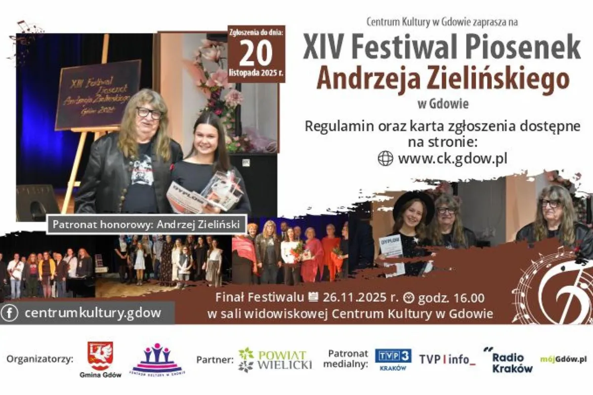 Zaproszenie do udziału w „XIV FESTIWALU PIOSENEK ANDRZEJA ZIELIŃSKIEGO W GDOWIE”. Zgłoszenia do 20 listopada 2025 r.