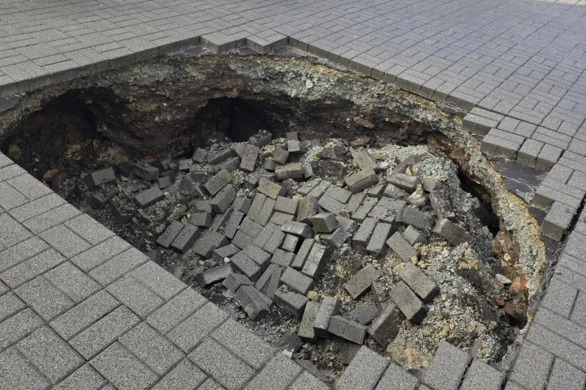 Zapadlisko na parkingu w Olkuszu. Dziura powiększyła się do czterech metrów