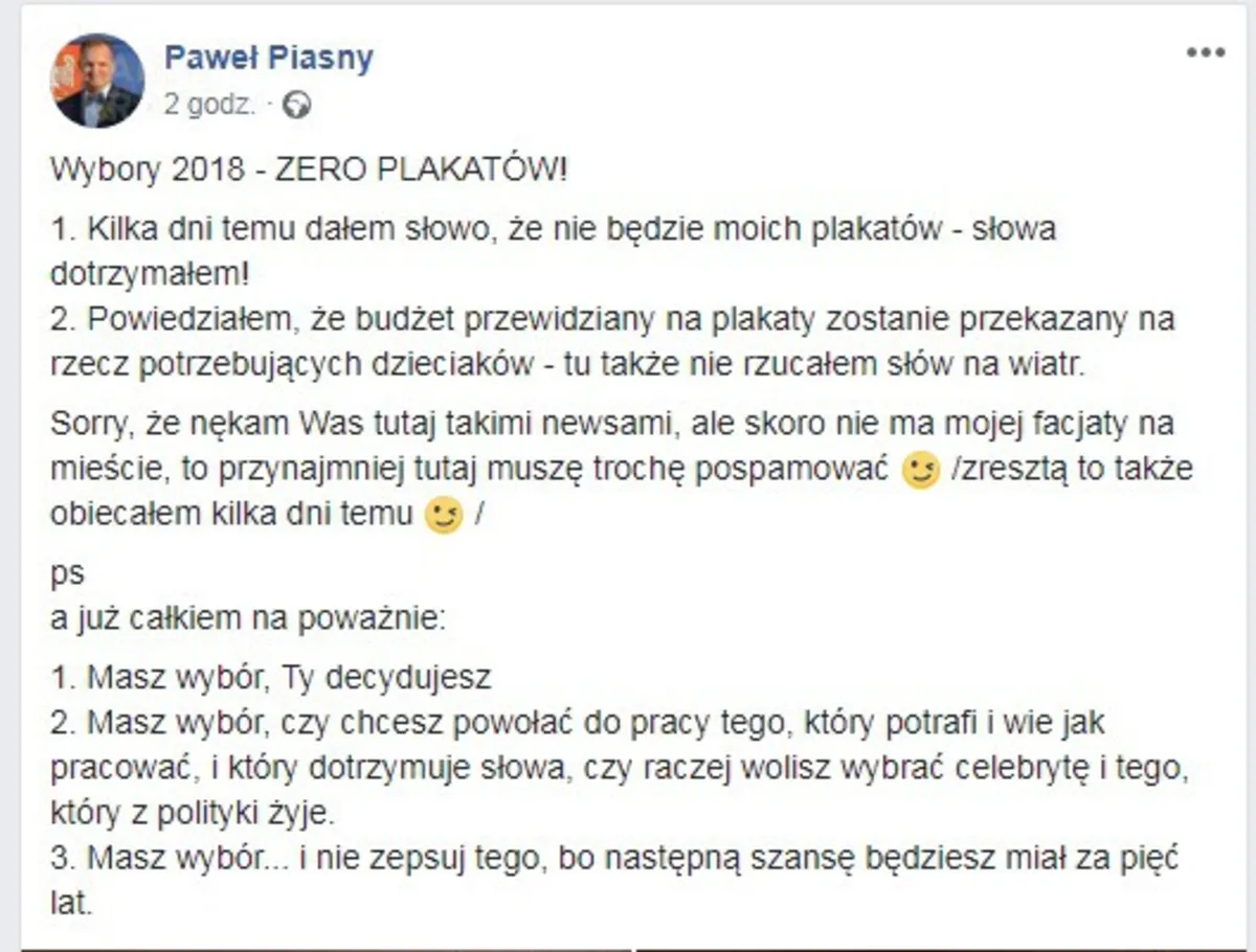 Starosta olkuski pieniądze na plakaty wyborcze przekazał na organizacje charytatywne