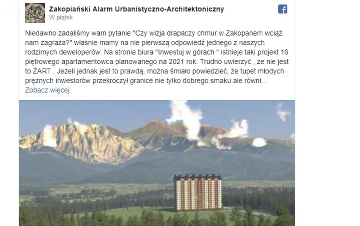 Kontrowersyjny wieżowiec pod Tatrami. To jednak nie żart?