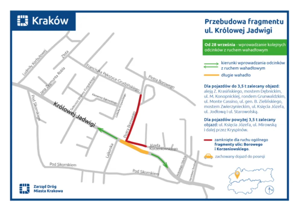 Od wtorku kolejne utrudnienia związane z przebudową ulicy Królowej Jadwigi w Krakowie