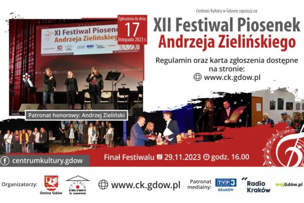 Zaproszenie do udziału w „XII FESTIWALU PIOSENEK ANDRZEJA ZIELIŃSKIEGO W GDOWIE”. Zgłoszenia do 17 listopada 2023 r.