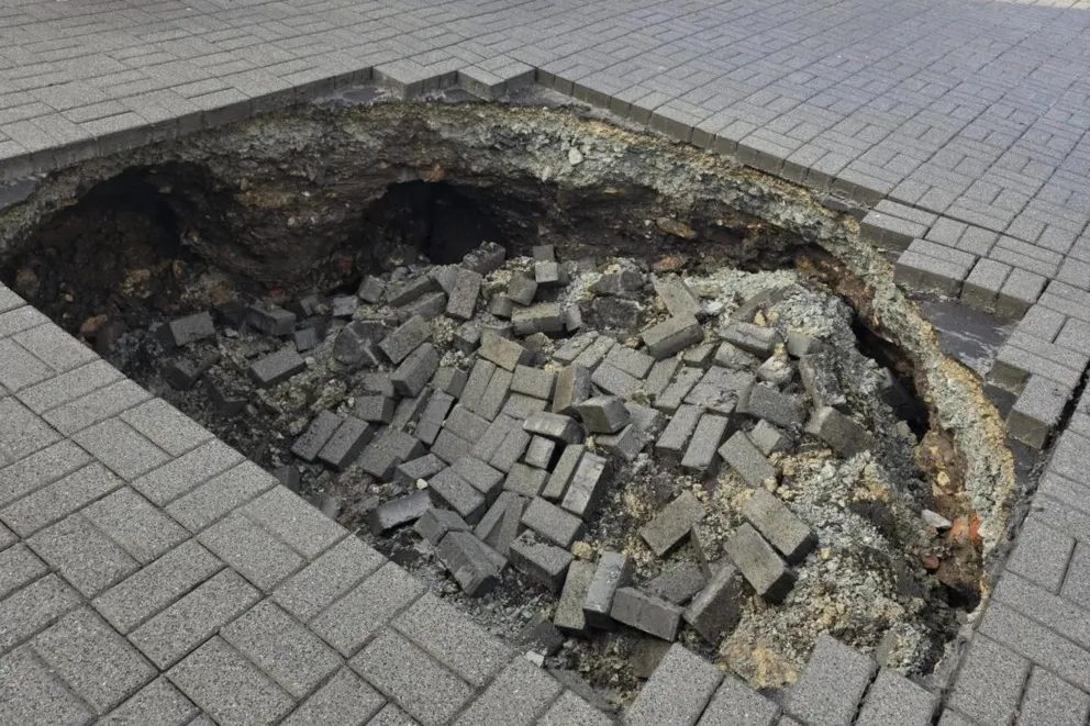 Zapadlisko na parkingu w Olkuszu. Dziura powiększyła się do czterech metrów